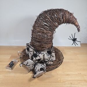 Rustic Brown Witch Hat with Spider Decor Lights Up